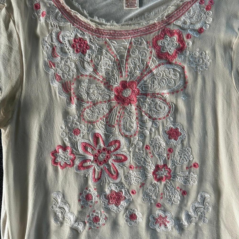 Sundance Cream Floral Embroidered High Low Top Pink Boho Short Sleeve Medium - Picture 3 of 6